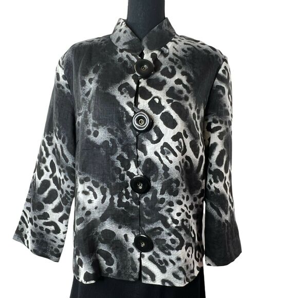 Berek Animal Print 100% Linen Work Business Short Jacket Black White Medium - Picture 2 of 6